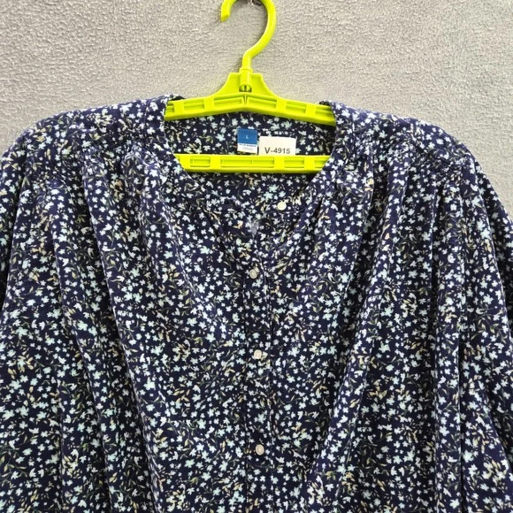 Old Navy Women‎ Top L Blue Ditsy Floral Oversized Corduroy Blouse Puff Sleeve